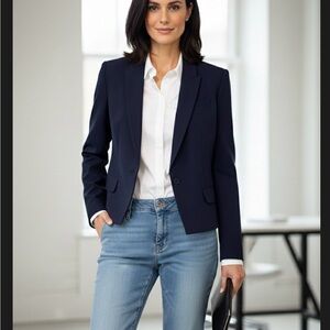 Express Navy Cropped Blazer Jacket Women’s 14 Hook & Eye Stretch Soft Pockets